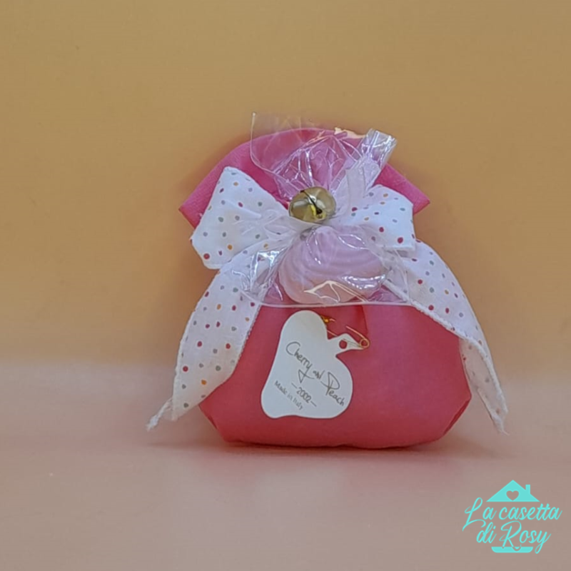 Compleanno sacchetto cotone con meringa 5 confetti colori verde rigato fuxia pois